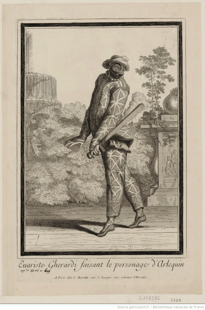 Evariste Gherardi faisant le personage d'Arlequin. Paris chez J. Mariette rue S. Jacques aux colonnes d'Hercules, vers 1710. BnF/EST. Coll. Hennin.