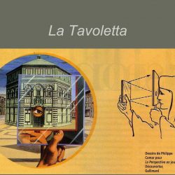 La "tavoletta" de Brunelleschi (1377-1446) et l'illustration de son fonctionnement optique ( dessins de Philippe Comar dans La Perspective en jeu publié chez Découvertes Gallimard)