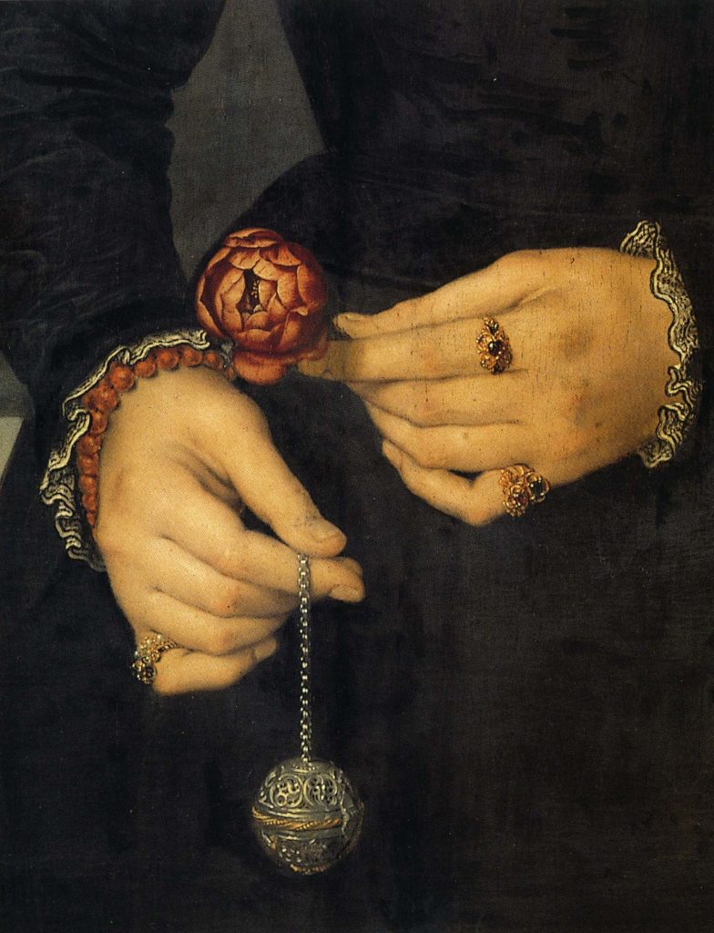 Pomme de senteur tenue au bout d’une chaînette (détail d’un portrait  de femme de Nicolas de Neuchatel dit Lucidel)