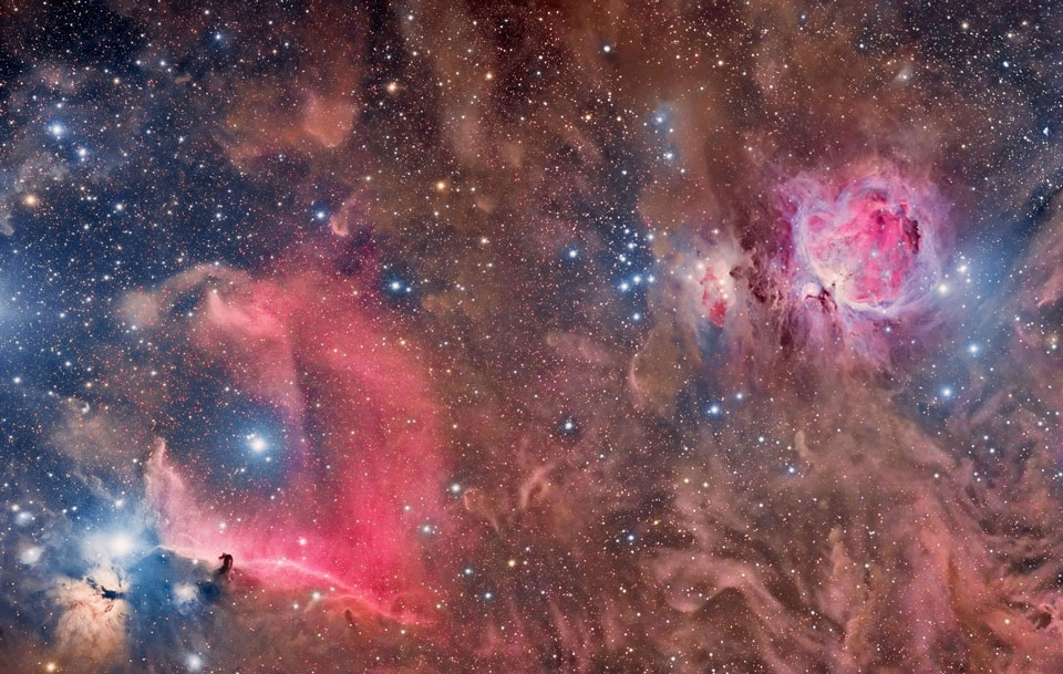 Plusieurs nébuleuses dans Orion, M42, Tête de Cheval et la Flamme.