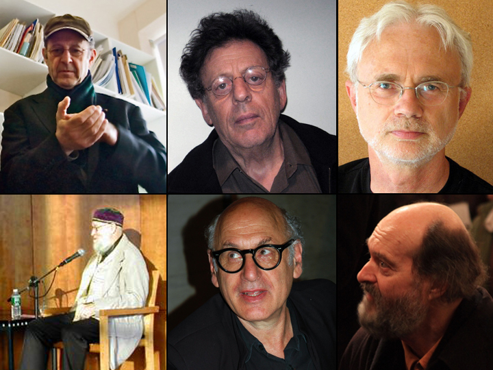Quelques compositeurs du courant minimaliste (de gauche à droite) : Steve Reich, Philip Glass, John Adams, Terry Riley, Michael Nyman, et Arvo Pärt.