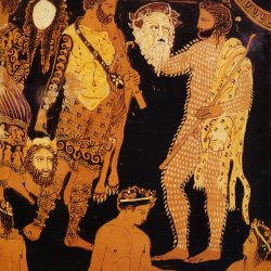 Cratère à volutes, vase attique figurant Dionysos et Ariane (détail): à gauche, un acteur représentant Héraclès et un satyre au corps recouvert de peau de chèvre et tenant un masque