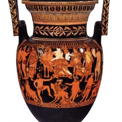 Cratère à volutes, vase attique figurant Dionysos et Ariane, avec les préparatifs d'une pièce de théâtre (410 av.JC), Musée national de Naples