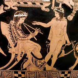 Cratère à volutes, vase attique figurant Dionysos et Ariane (détail): Pronomos, un joueur célèbre d’aulos, est assis juste en dessous de Dionysos