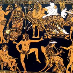 Cratère à volutes, vase attique figurant Dionysos et Ariane (détail): préparatifs d’un drame satyrique, pièce comique jouée après les trois tragédies (trilogie) pour compléter la tétralogie