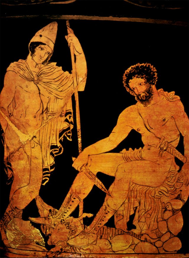 Ulysse et Tirésias (détail sur un vase cratère, (440-390 av. J.C.), conservé à la Bibliothèque nationale de France